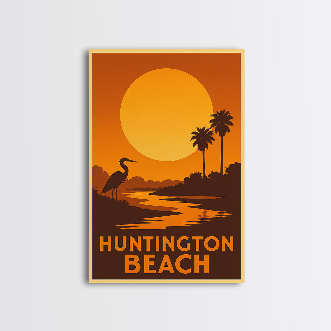 Huntington Beach Travel Poster, Framed Canvas Print, Golden Travel Poster Art, Huntington Beach Travel Art, Travel Poster Art, Design 2