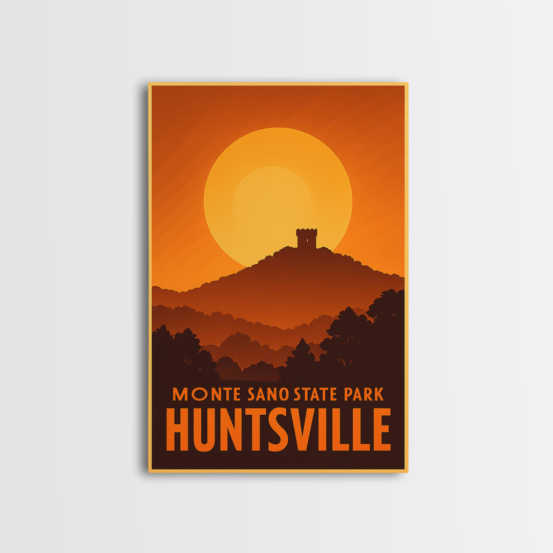 Huntsville Travel Poster, Framed Canvas Print, Warm Sunset Silhouette Art, Huntsville City Art, Vintage City Poster, Vintage City Art