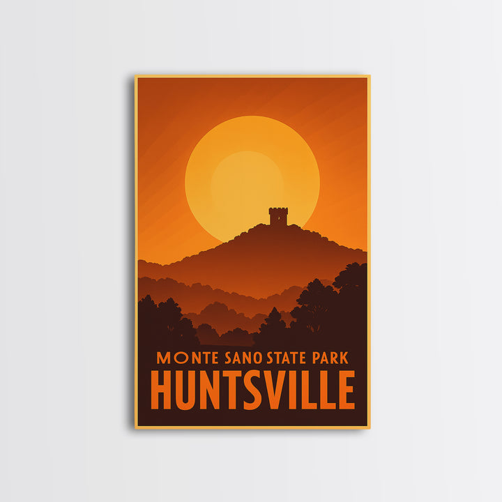 Huntsville Travel Poster, Framed Canvas Print, Warm Sunset Silhouette Art, Huntsville City Art, Vintage City Poster, Vintage City Art