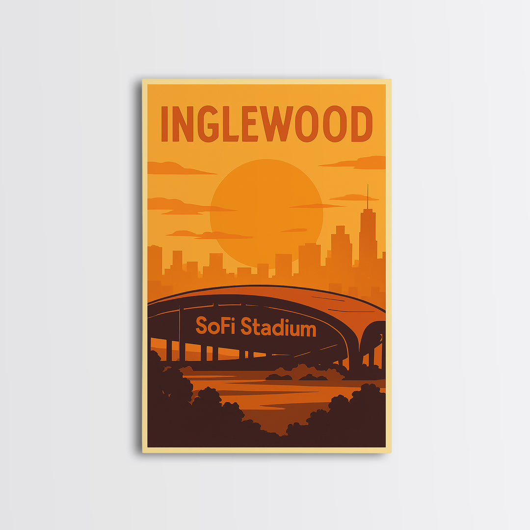 Inglewood California Travel Poster, Canvas Print, Gold Art Deco Poster Art, Inglewood City Art, Watercolor City Skyline, Travel Art Print