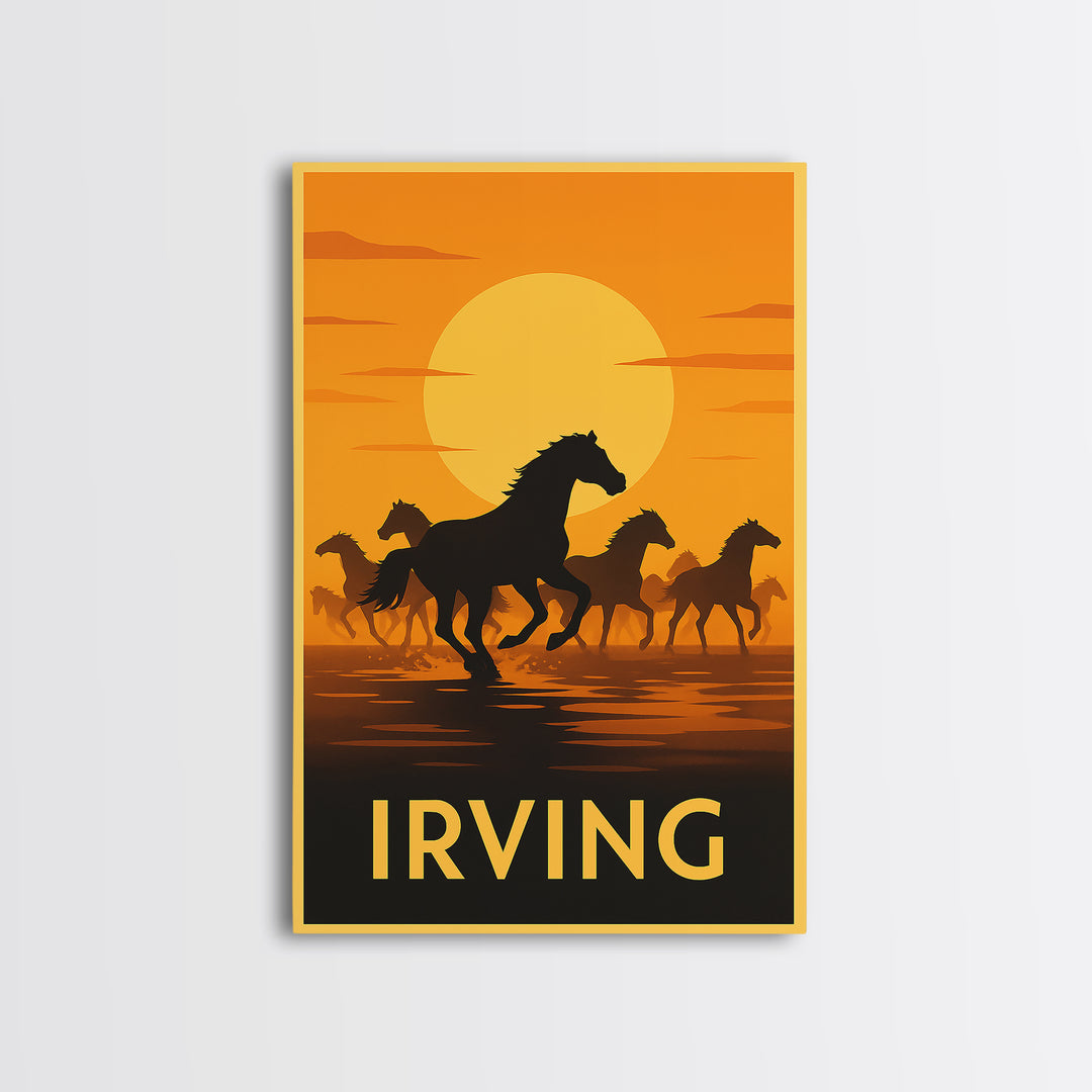 Irving Travel Poster, Framed Canvas Print, Warm Sunset Silhouette Art, Irving City Art, Living Room Wall Art, Wanderlust Decor