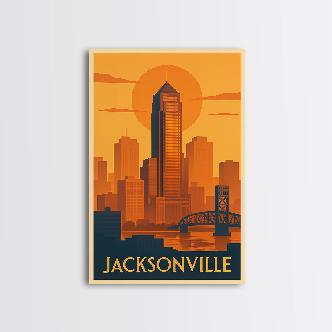 Jacksonville Travel Poster, Framed Canvas Print, Gold Art Deco Poster Art, Jacksonville City Art, City Art Print, Modern Wall Decor