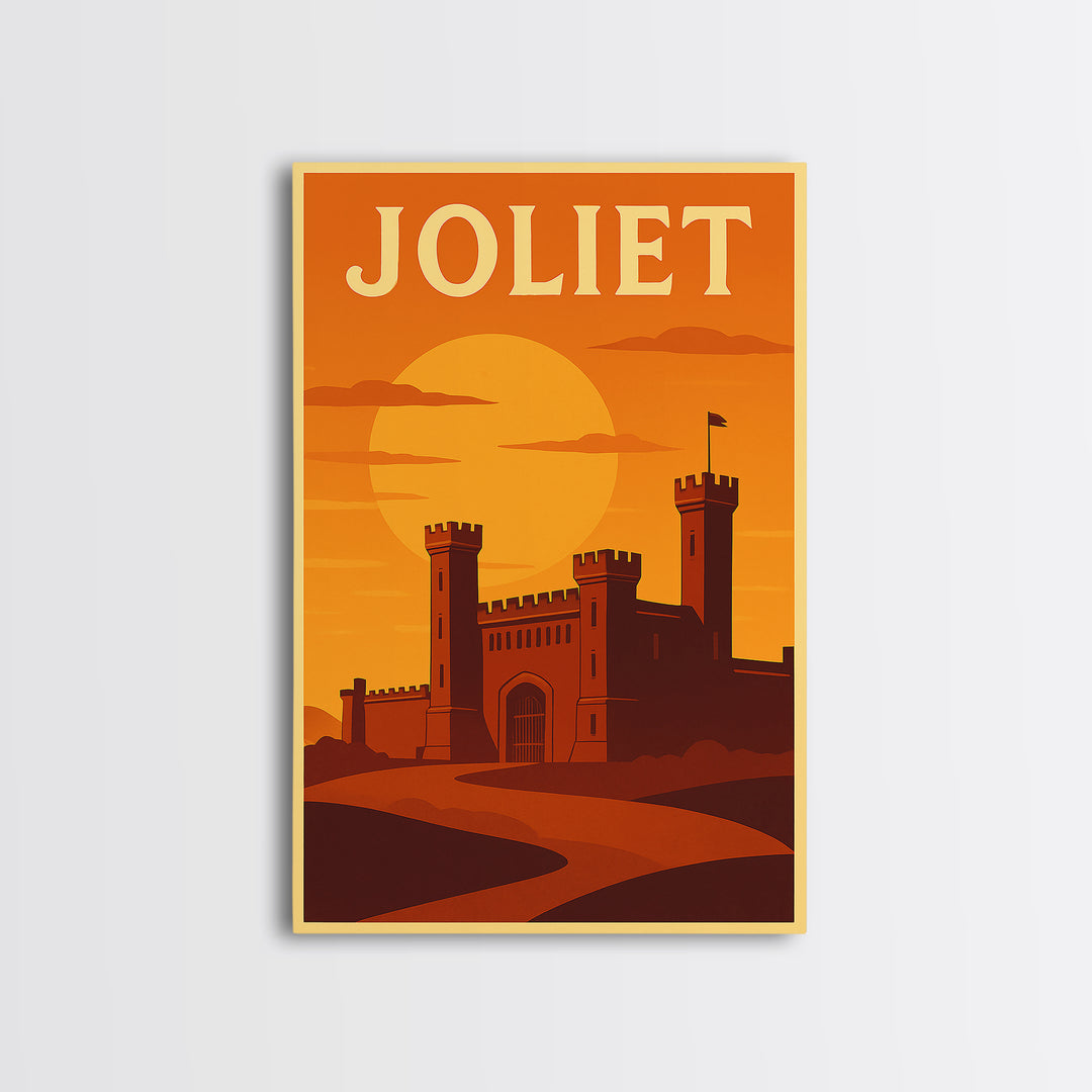 Joliet Illinois Travel Poster, Framed Canvas Print, Gold Art Deco Poster Art, Joliet Travel Art, Mid Century Wall Art, Retro Travel Print