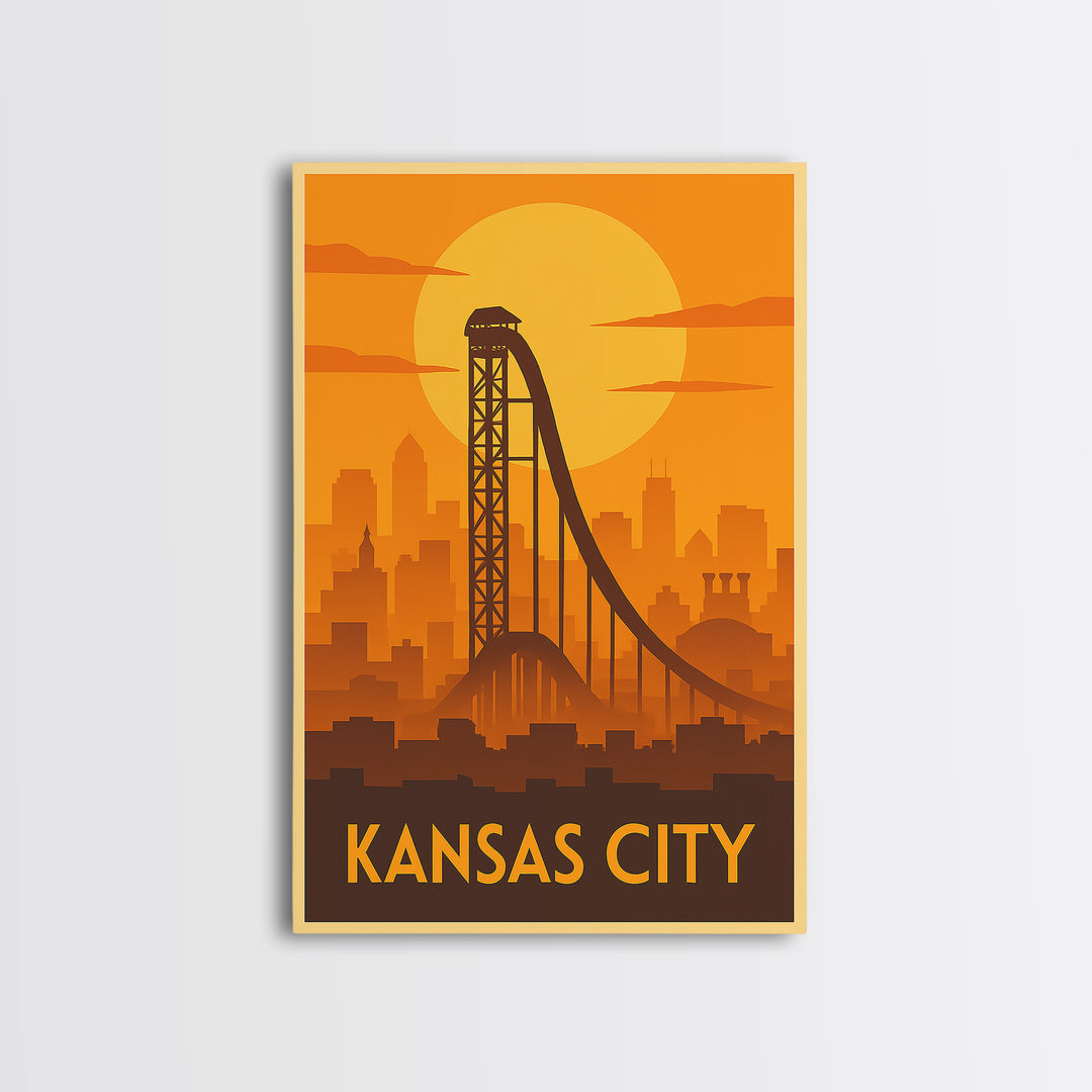 Kansas City Travel Poster, Framed Canvas Print, Gold Art Deco Poster Art, Kansas City Travel Art, Watercolor Urban Skyline, Travel Art Print