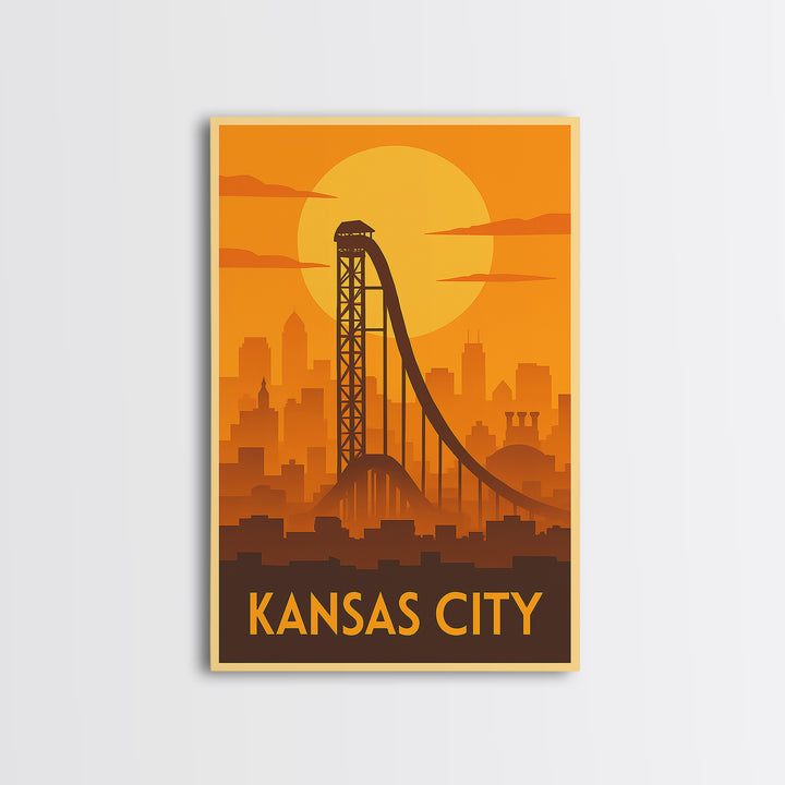 Kansas City Travel Poster, Framed Canvas Print, Gold Art Deco Poster Art, Kansas City Travel Art, Watercolor Urban Skyline, Travel Art Print