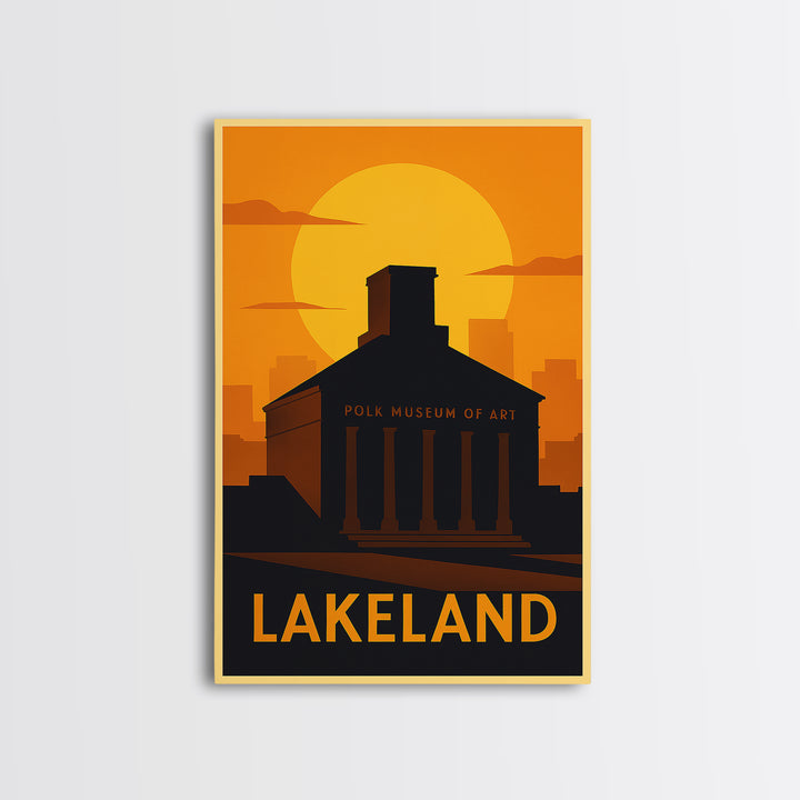 Lakeland Travel Poster, Canvas Print, Warm Sunset Silhouette Art, Lakeland Art Print, Living Room Wall Art, Mid Century Wall Art
