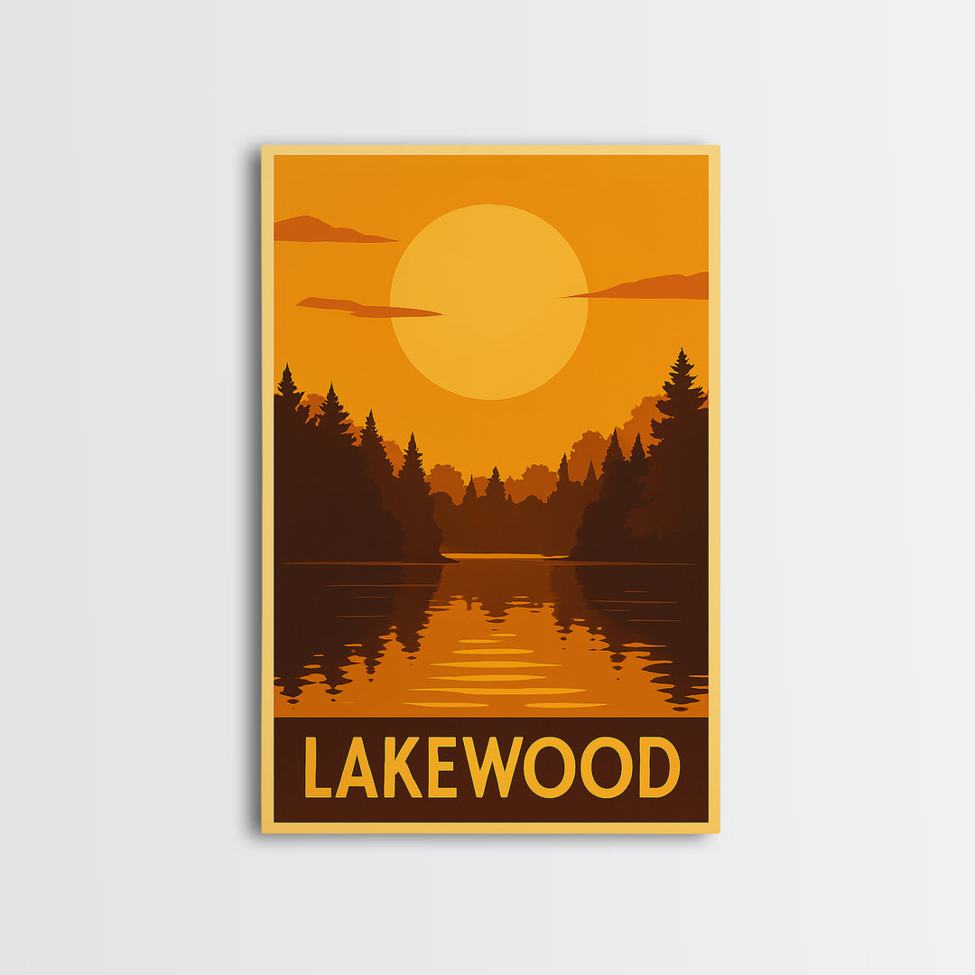 Lakewood Travel Poster, Framed Canvas Print, Golden Travel Poster Art, Lakewood City Art, Living Room Wall Art, City Illustration