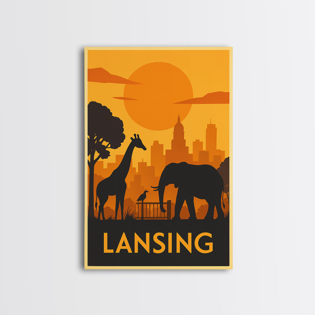 Lansing Travel Poster, Framed Canvas Print, Golden Travel Poster Art, Lansing City Art, Wanderlust Decor, Living Room Wall Art