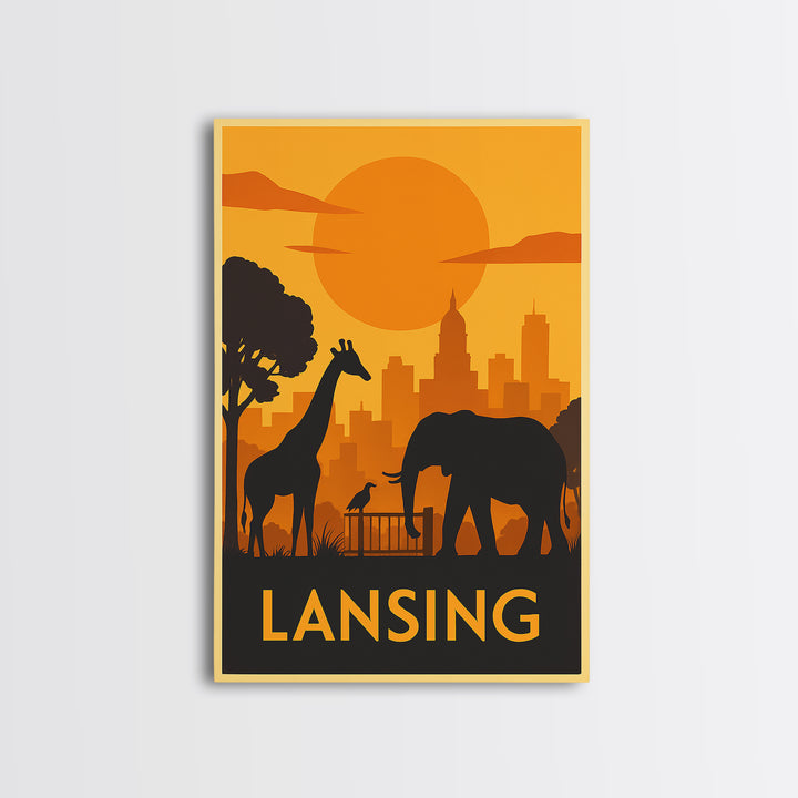 Lansing Travel Poster, Framed Canvas Print, Golden Travel Poster Art, Lansing City Art, Wanderlust Decor, Living Room Wall Art