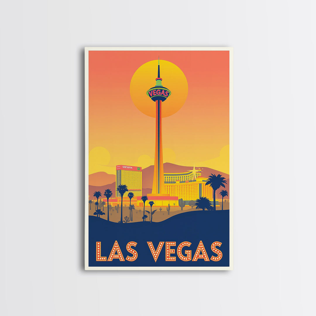 Las Vegas Travel Poster, Framed Canvas Print, Golden Travel Poster Art, Las Vegas City Art, Retro Travel Print, Gift For Travelers