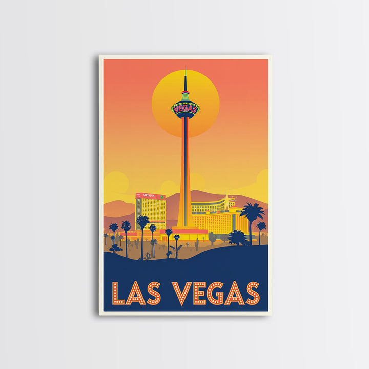 Las Vegas Travel Poster, Framed Canvas Print, Golden Travel Poster Art, Las Vegas City Art, Retro Travel Print, Gift For Travelers