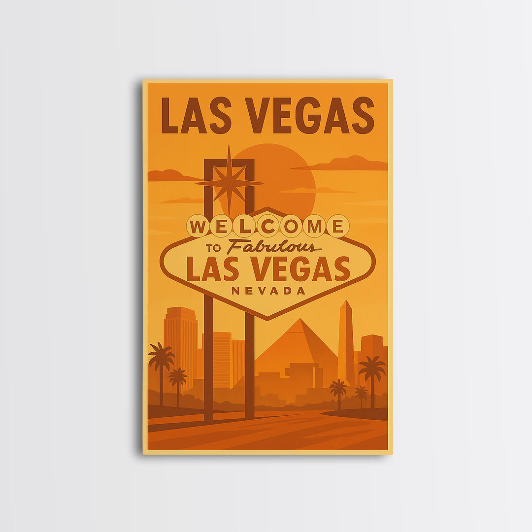 Las Vegas Travel Poster, Framed Canvas Print, Golden Travel Poster Art, Las Vegas Art Print, Modern Wall Decor, Mid Century Wall Art