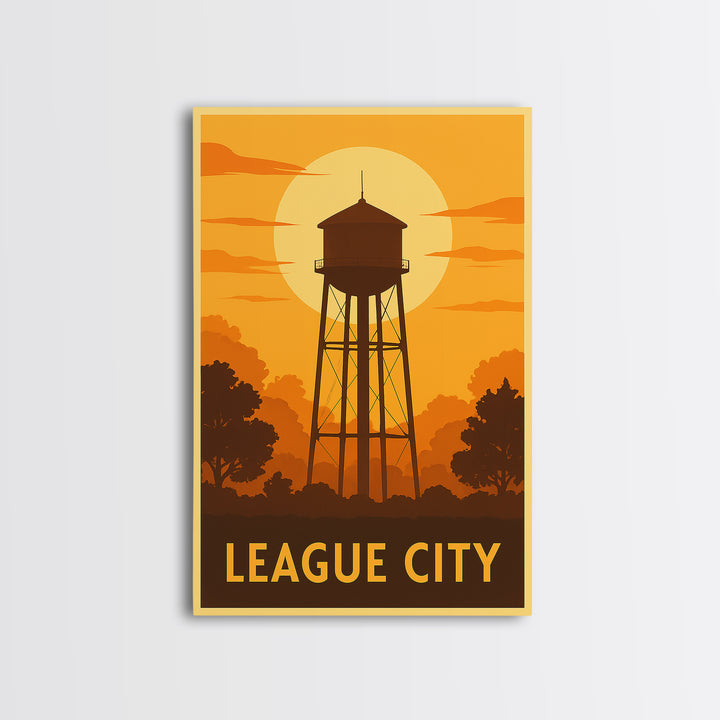 League City Travel Poster, Framed Canvas Print, Vintage Deco Wall Art, League City Travel Art, Vintage Travel Print, Vintage City Art