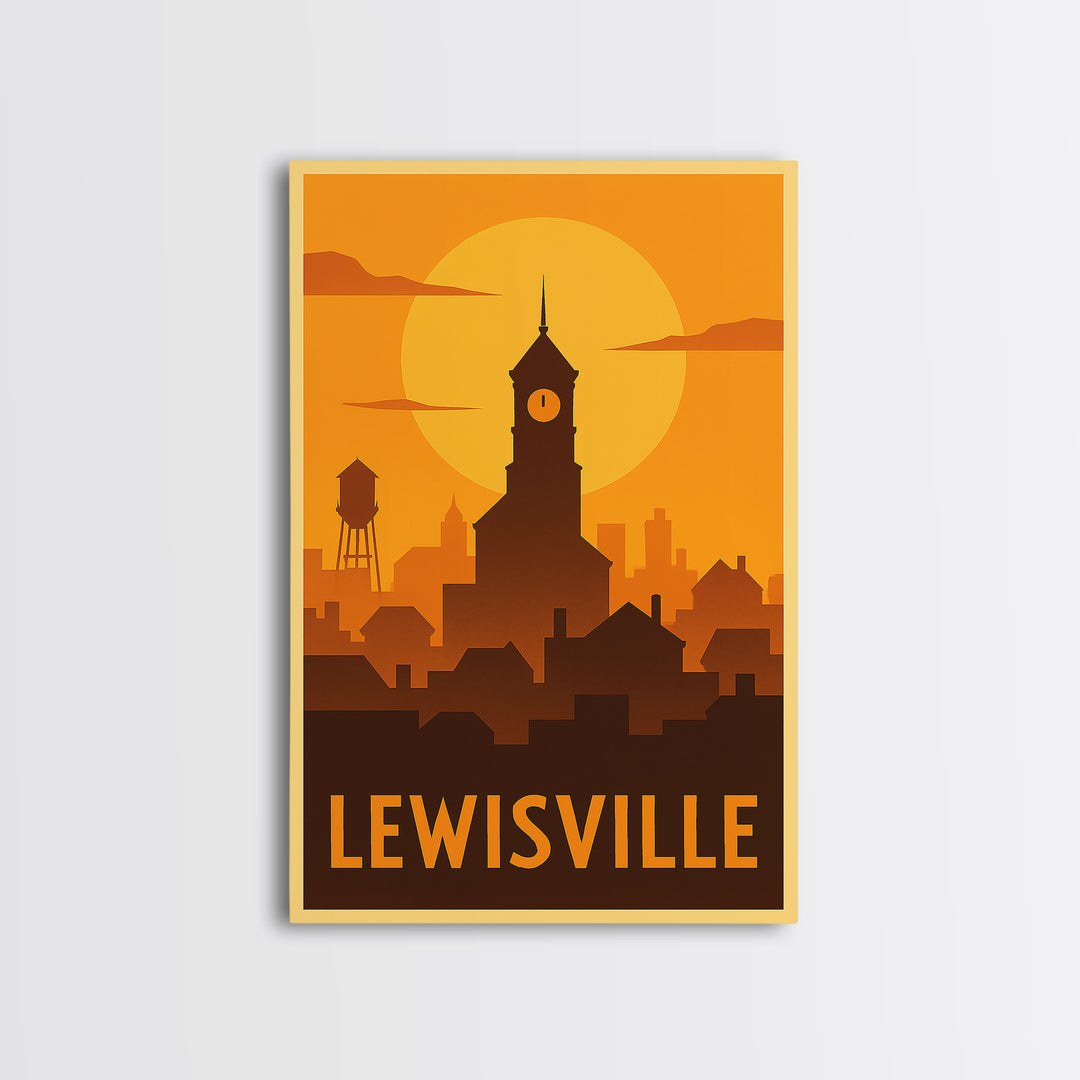 Lewisville Travel Poster, Canvas Print, Warm Sunset Silhouette Art, Lewisville Wall Art, Travel Wall Art, Watercolor City Skyline