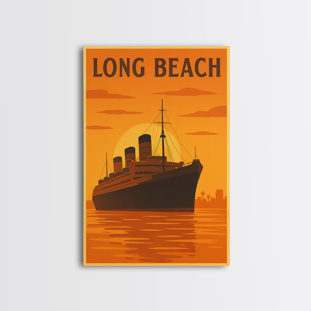 Long Beach California Travel Poster, Canvas Print, Warm Sunset Silhouette Art, Long Beach Poster Print, Travel Print, Travel Wall Art