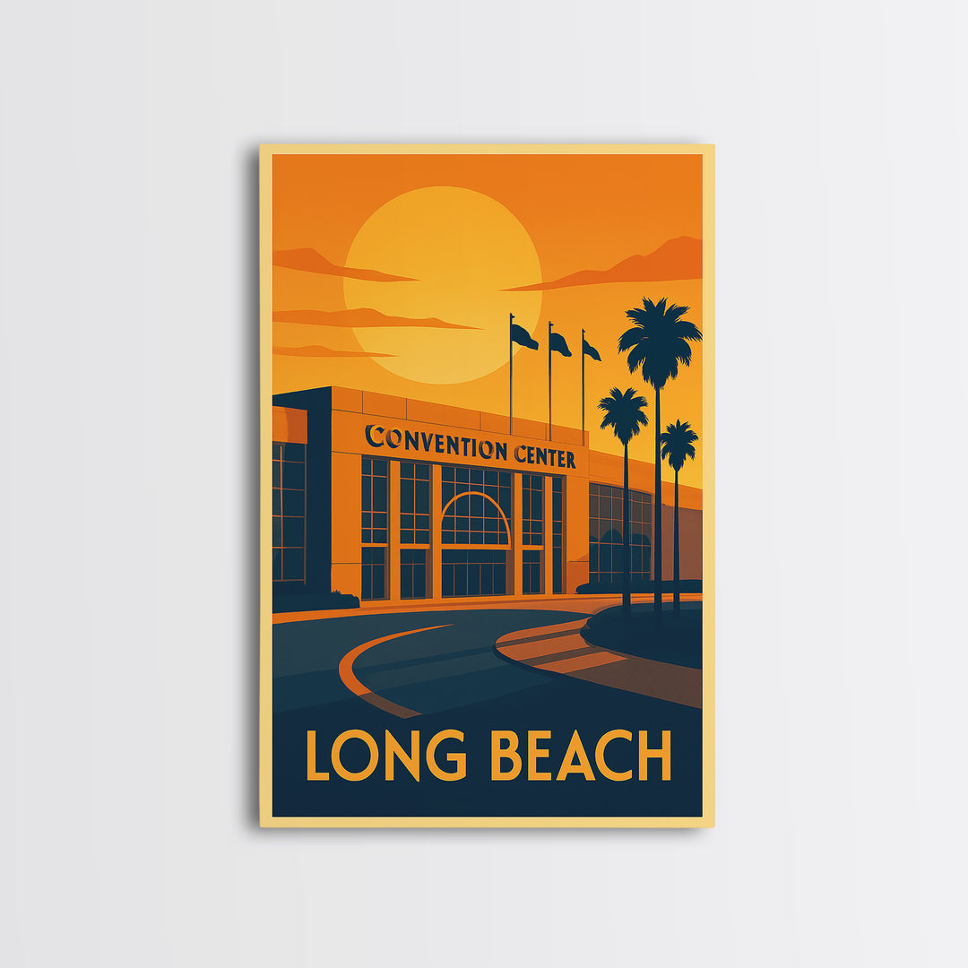 Long Beach Travel Poster, Canvas Print, Warm Sunset Silhouette Art, Long Beach Travel Art, Living Room Wall Art, Gift For Travelers