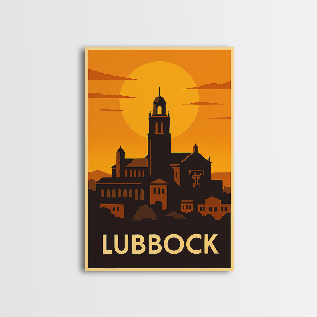 Lubbock Travel Poster, Framed Canvas Print, Warm Sunset Silhouette Art, Lubbock Wall Art, Vintage City Poster, Vintage City Art