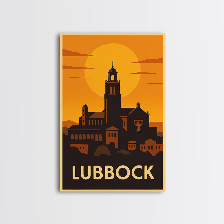 Lubbock Travel Poster, Framed Canvas Print, Warm Sunset Silhouette Art, Lubbock Wall Art, Vintage City Poster, Vintage City Art