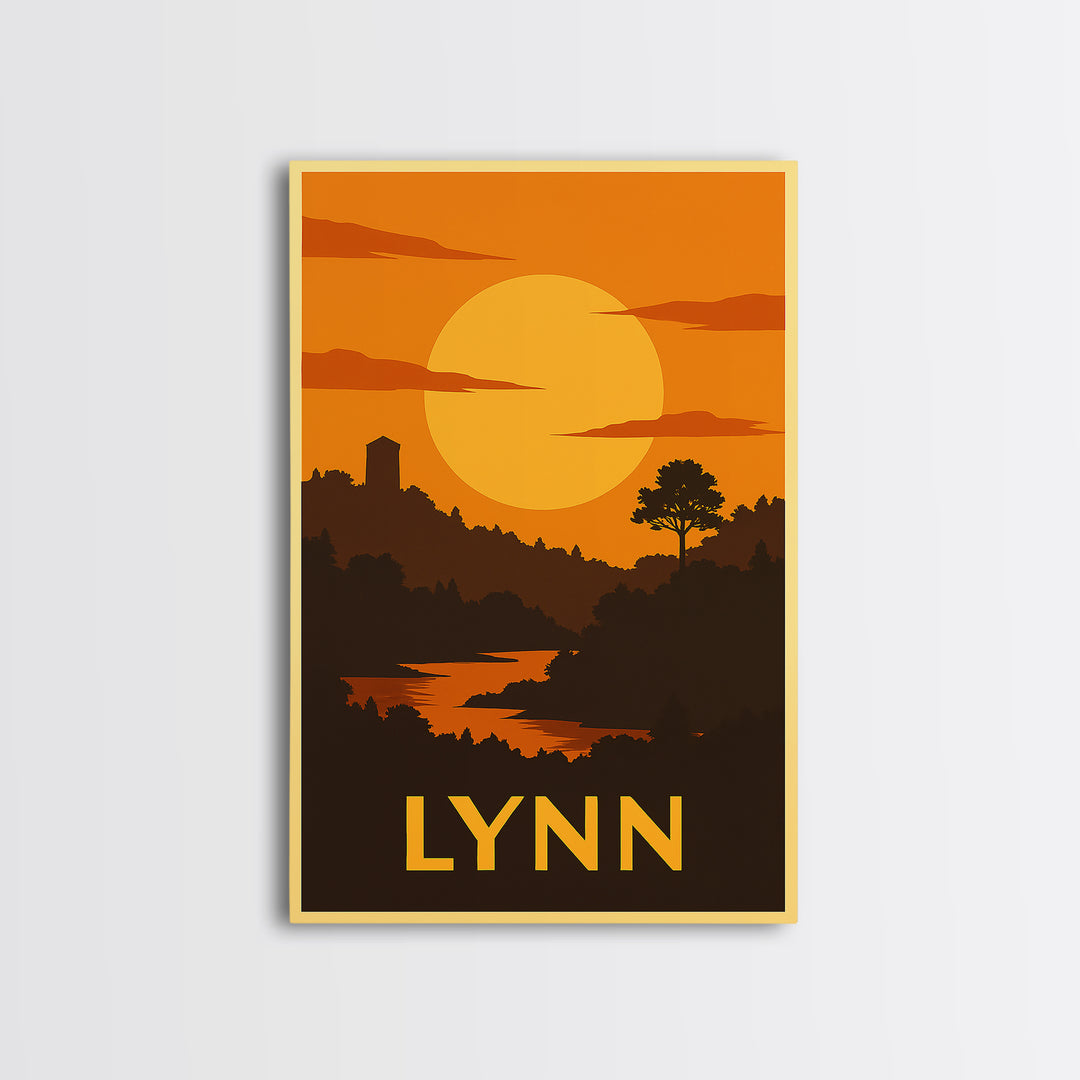 Lynn Travel Poster, Framed Canvas Print, Gold Art Deco Poster Art, Lynn City Art, Watercolor Skyline Art, City Travel Prints, Poster Print