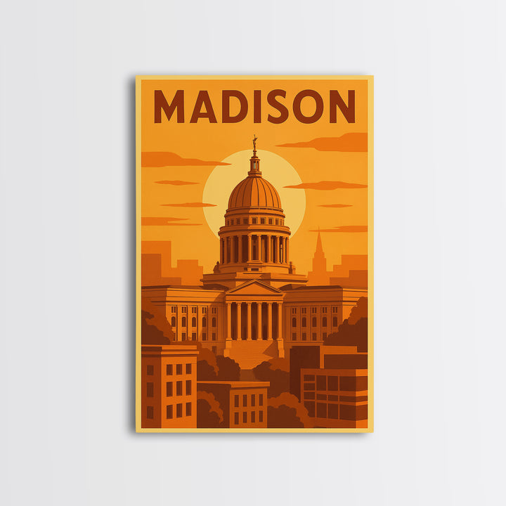 Madison Wisconsin Travel Poster, Framed Canvas Print, Gold Art Deco Poster Art, Madison Travel Art, Modern Wall Decor, City Illustration