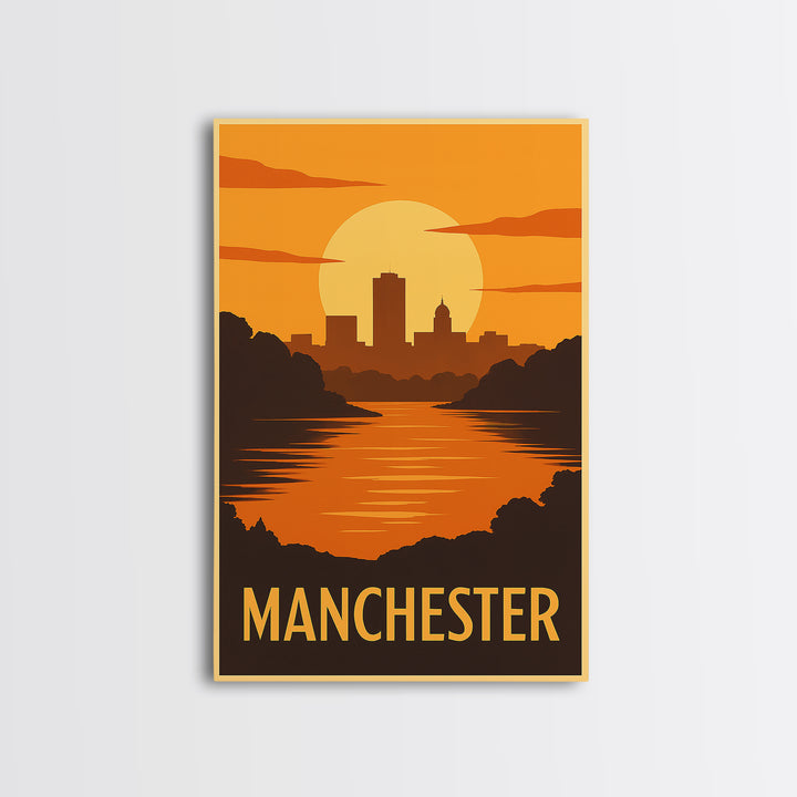 Manchester Travel Poster, Framed Canvas Print, Gold Art Deco Poster Art, Manchester City Art, Travel Poster Art, Watercolor Skyline
