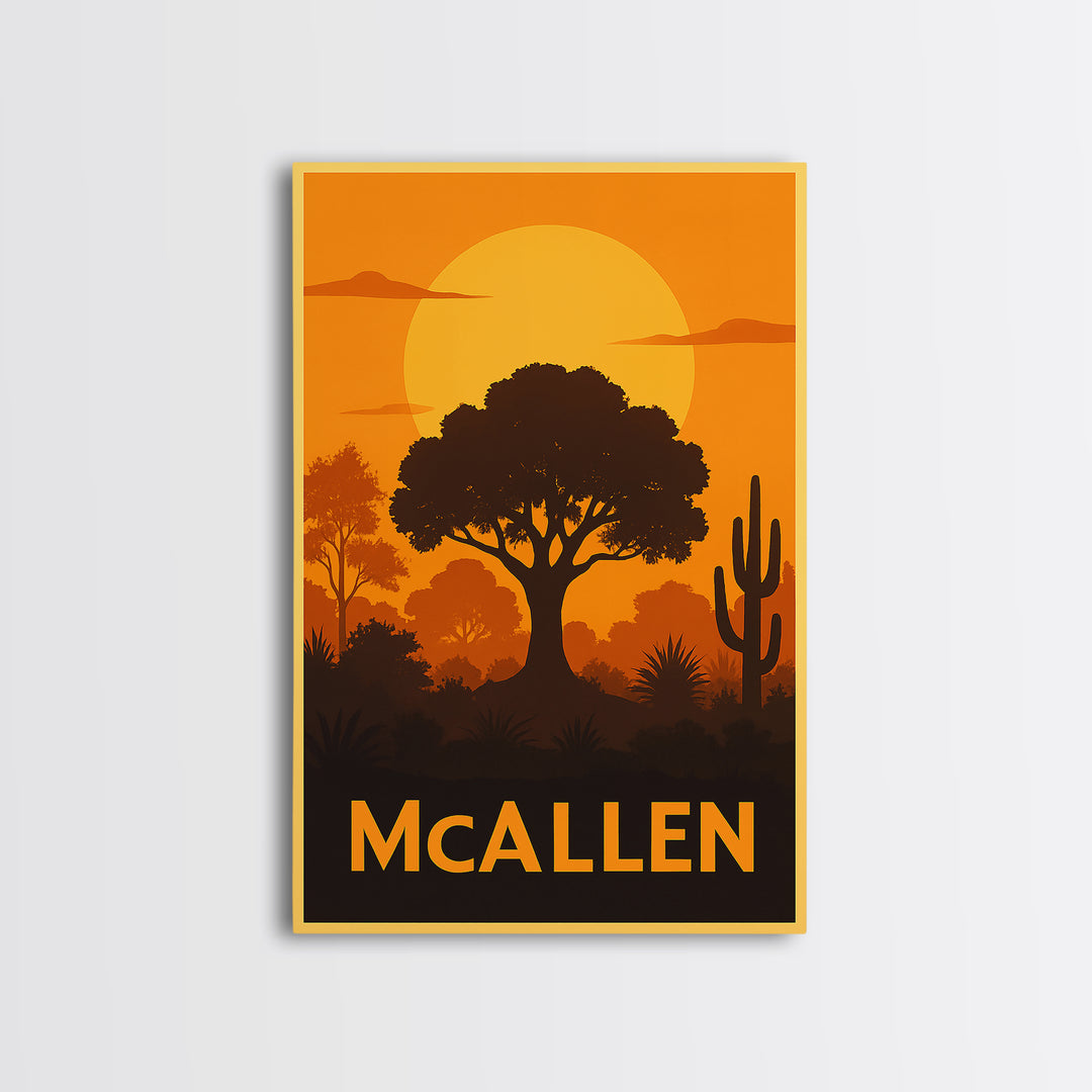 Mcallen Travel Poster, Canvas Print, Warm Sunset Silhouette Art, Mcallen Art Print, Travel Wall Decor, City Illustration, Gift For Travelers