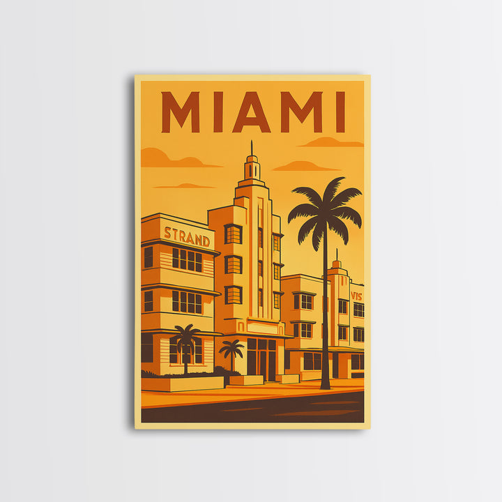 Miami Florida Travel Poster, Framed Canvas Print, Gold Art Deco Poster Art, Miami Travel Art, Home Office Decor, Living Room Wall Art