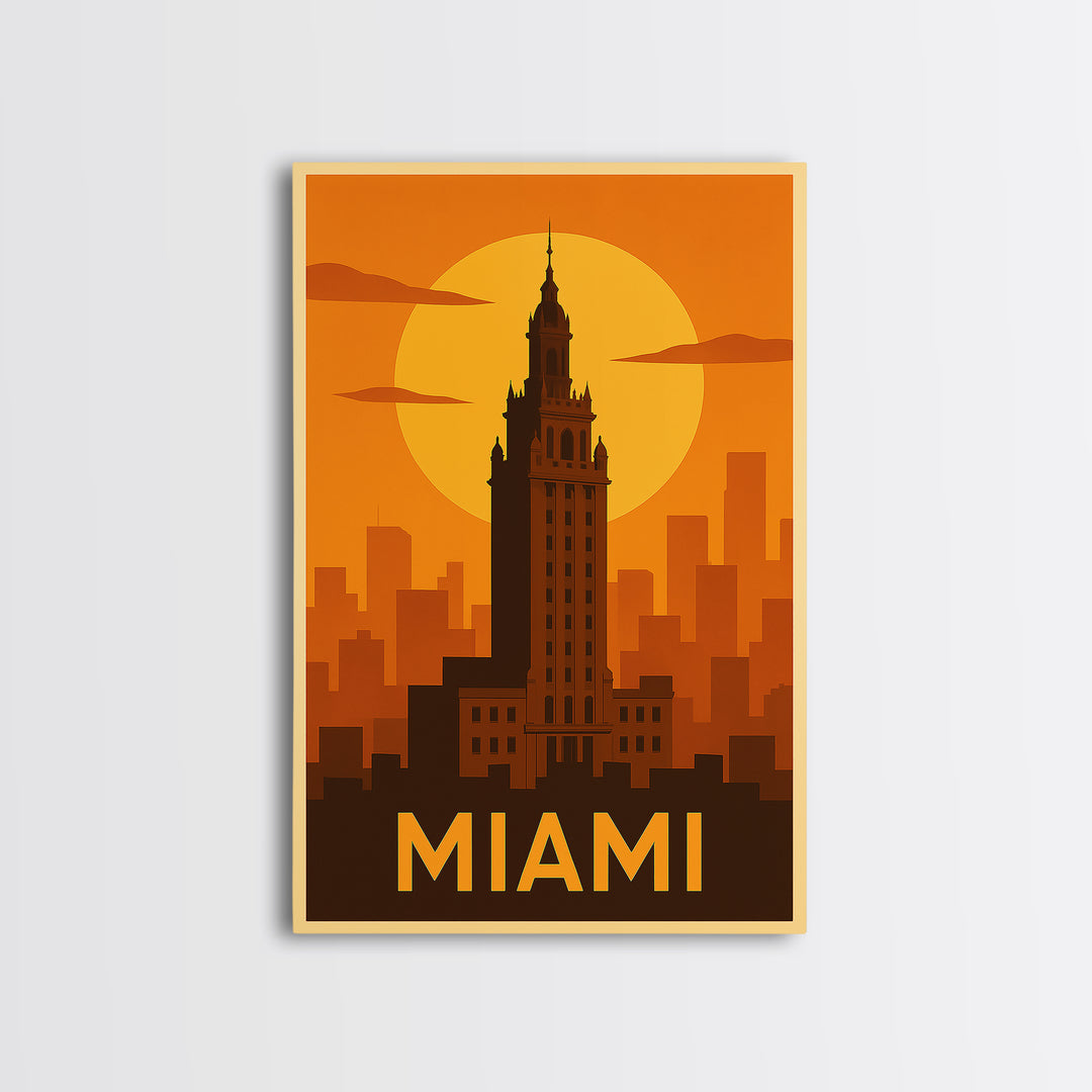Miami Travel Poster, Framed Canvas Print, Warm Sunset Silhouette Art, Miami Poster Print, Fine Art Print, City Art Print, Vintage Travel Art
