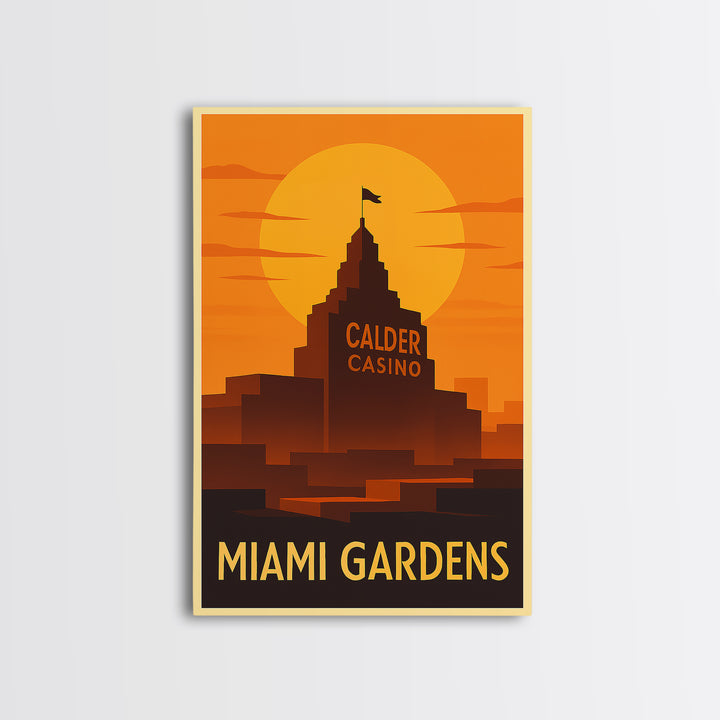 Miami Gardens Travel Poster, Framed Canvas Print, Warm Sunset Silhouette Art, Miami Gardens Wall Art, Vintage City Art, Retro Travel Print