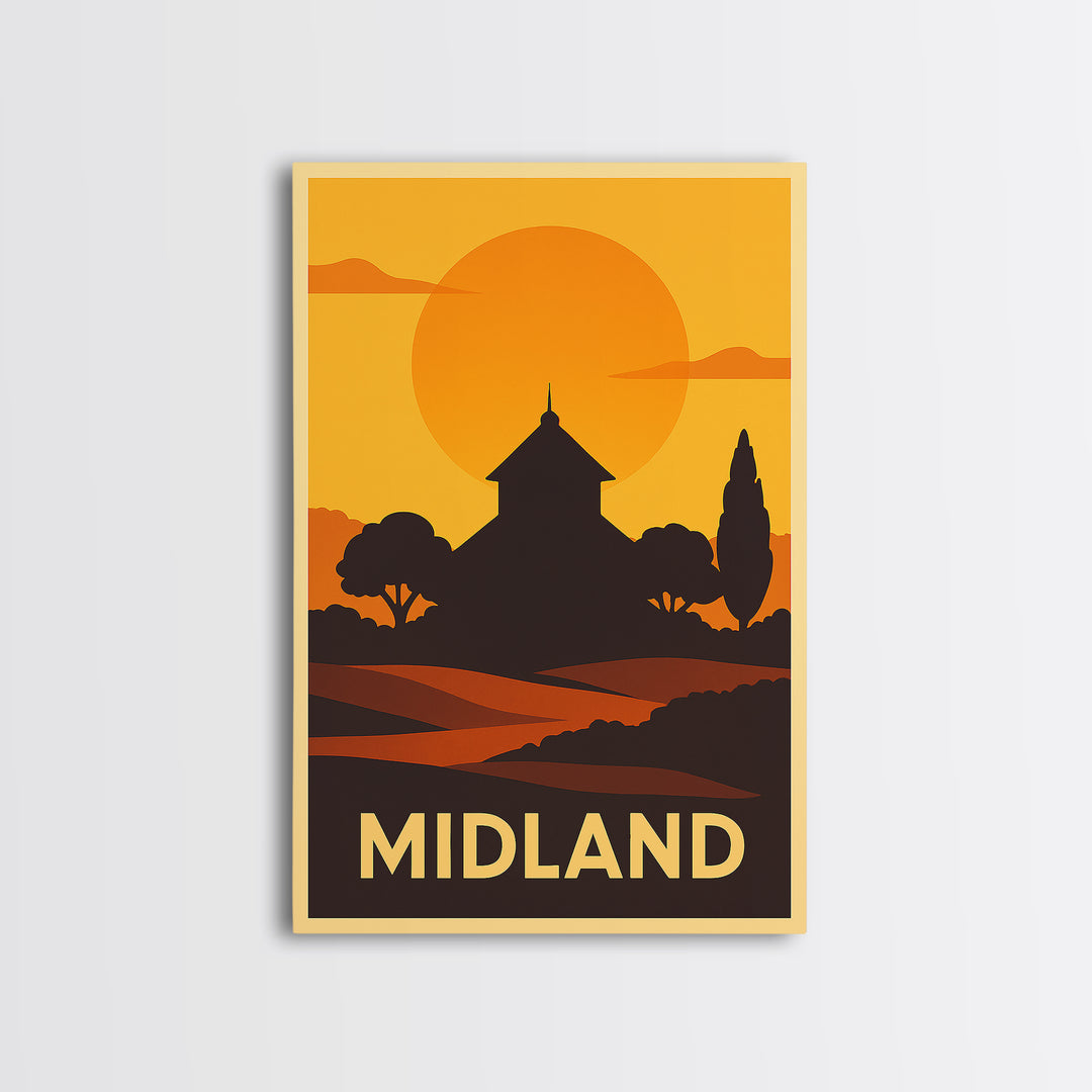 Midland Travel Poster, Framed Canvas Print, Warm Sunset Silhouette Art, Midland Wall Art, Travel Wall Decor, Travel Wall Art, Poster Art