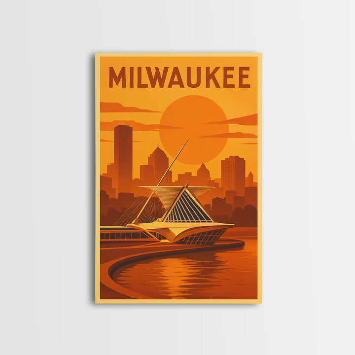 Milwaukee Wisconsin Travel Poster, Framed Canvas Print, Vintage Deco Wall Art, Milwaukee Poster Print, Travel Wall Art, Retro Travel Print