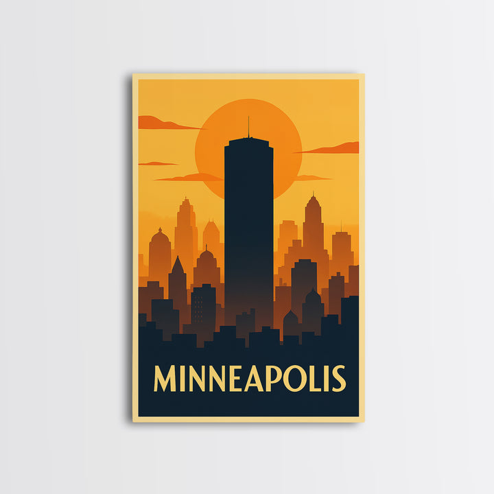 Minneapolis Travel Poster, Framed Canvas Print, Warm Sunset Silhouette Art, Minneapolis Art Print, Eclectic Wall Decor, City Travel Prints