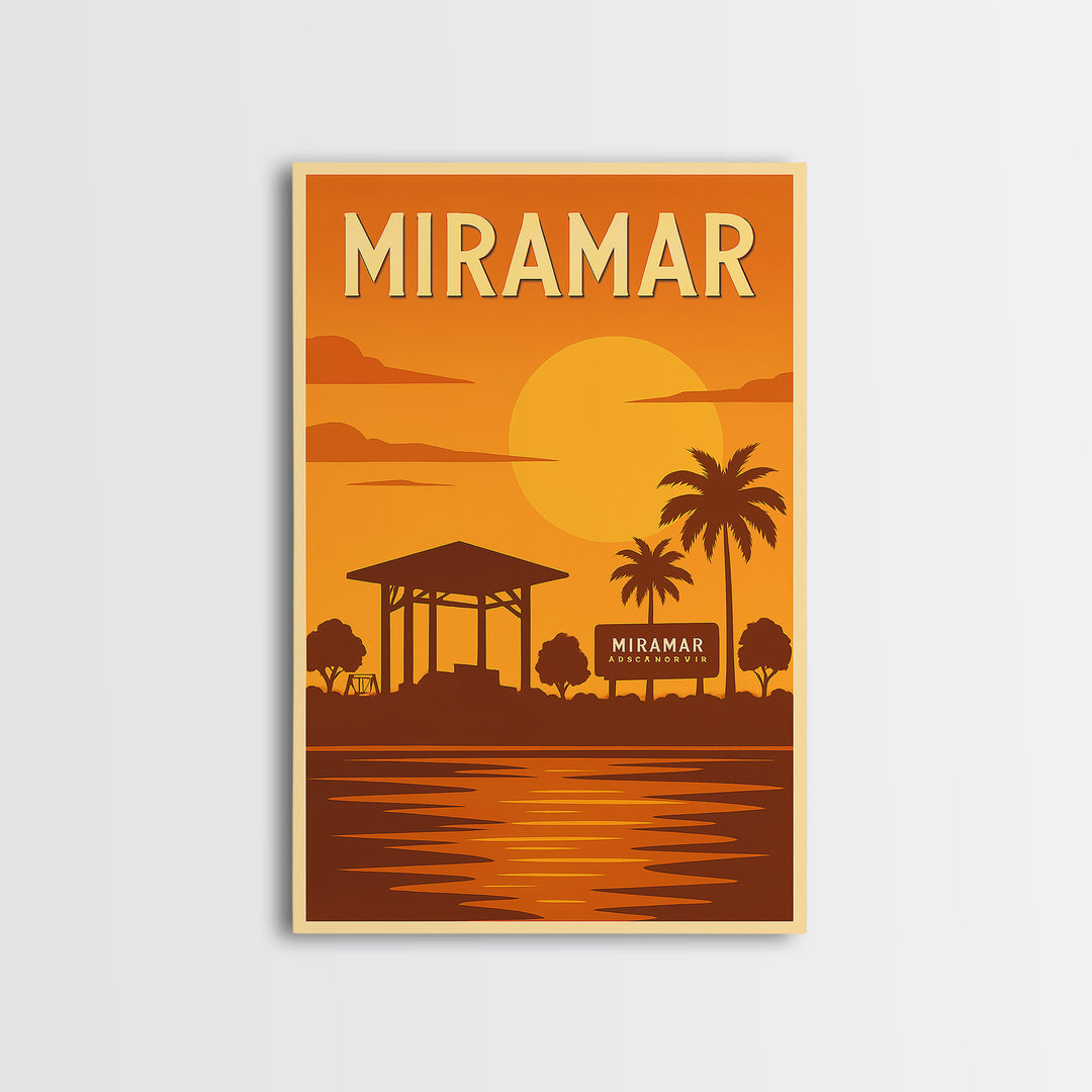 Miramar Florida Travel Poster, Framed Canvas Print, Golden Travel Poster Art, Miramar Poster Print, Modern Wall Decor, Fine Art Print