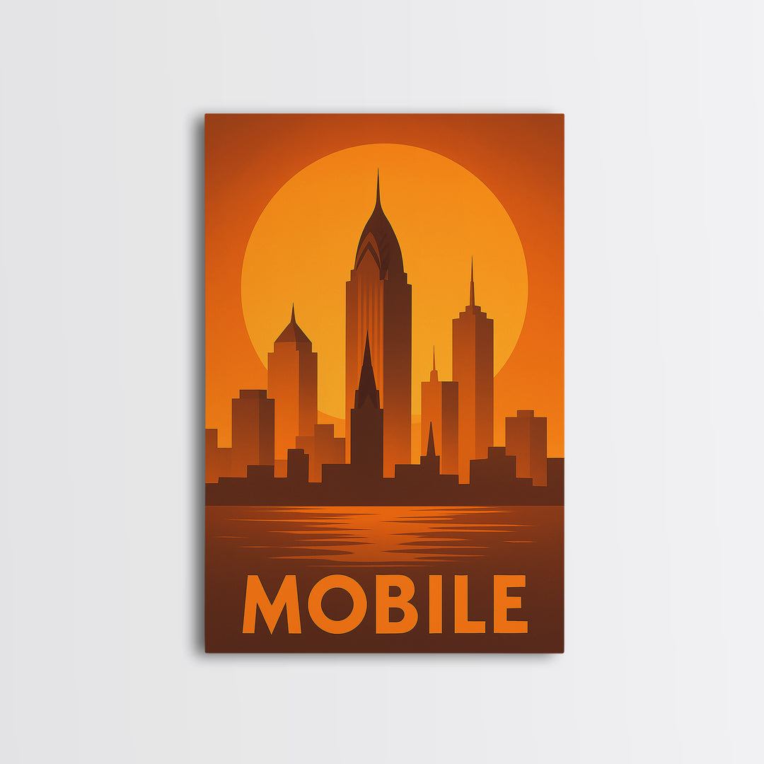 Mobile Travel Poster, Framed Canvas Print, Golden Travel Poster Art, Mobile Art Print, Travel Art Print, Mid Century Wall Art, Design 2