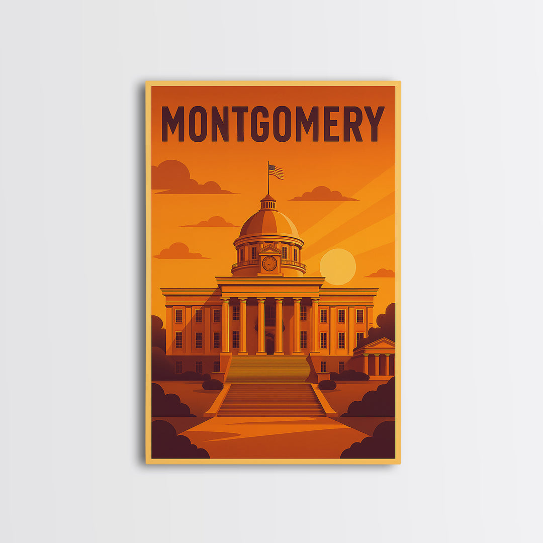 Montgomery Alabama Travel Poster, Canvas Print, Golden Travel Poster Art, Montgomery Travel Art, City Travel Prints, Travel Wall Decor