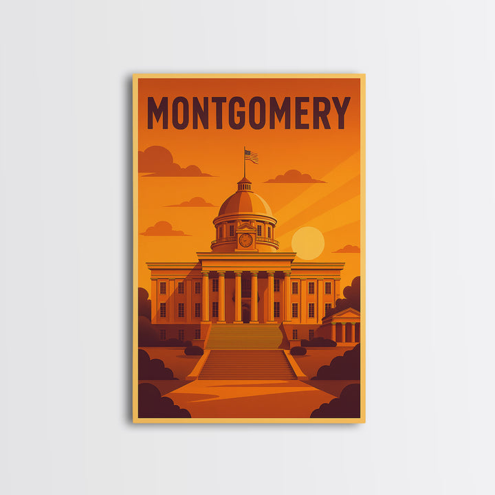 Montgomery Alabama Travel Poster, Canvas Print, Golden Travel Poster Art, Montgomery Travel Art, City Travel Prints, Travel Wall Decor