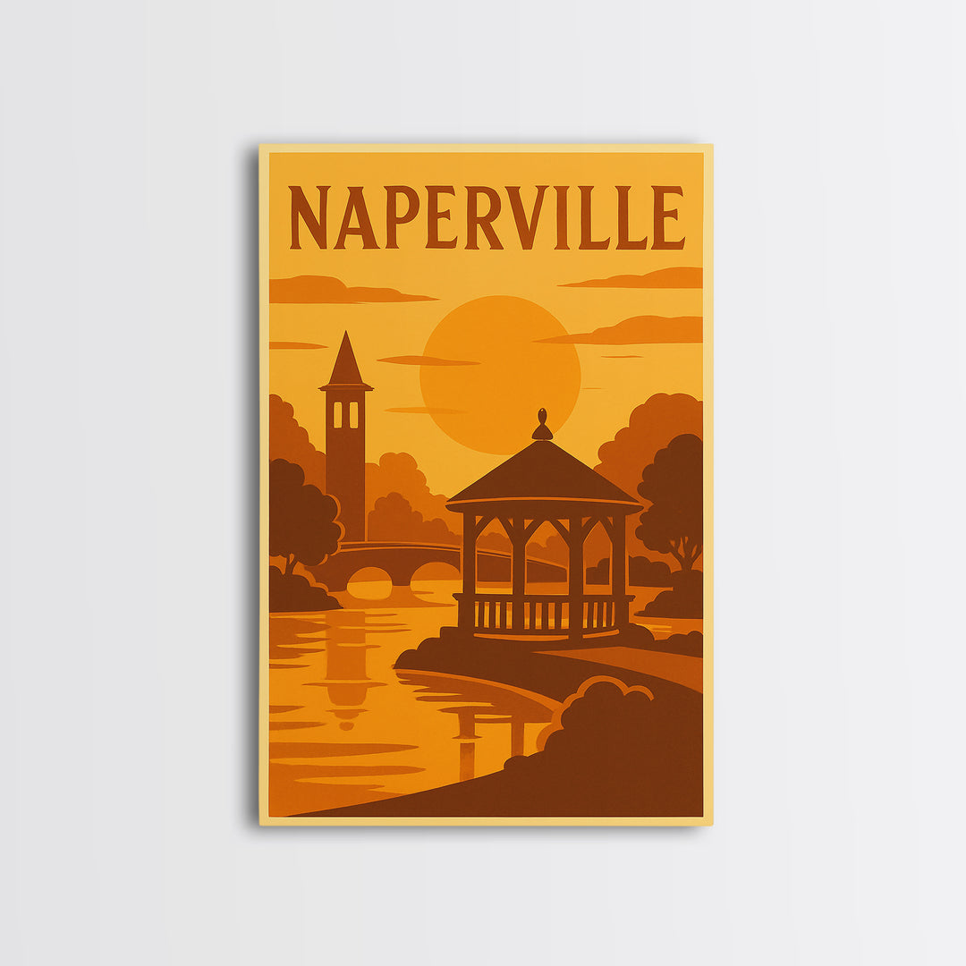 Naperville Illinois Travel Poster, Canvas Print, Golden Travel Poster Art, Naperville City Art, Gift For Travelers, Vintage Travel Art