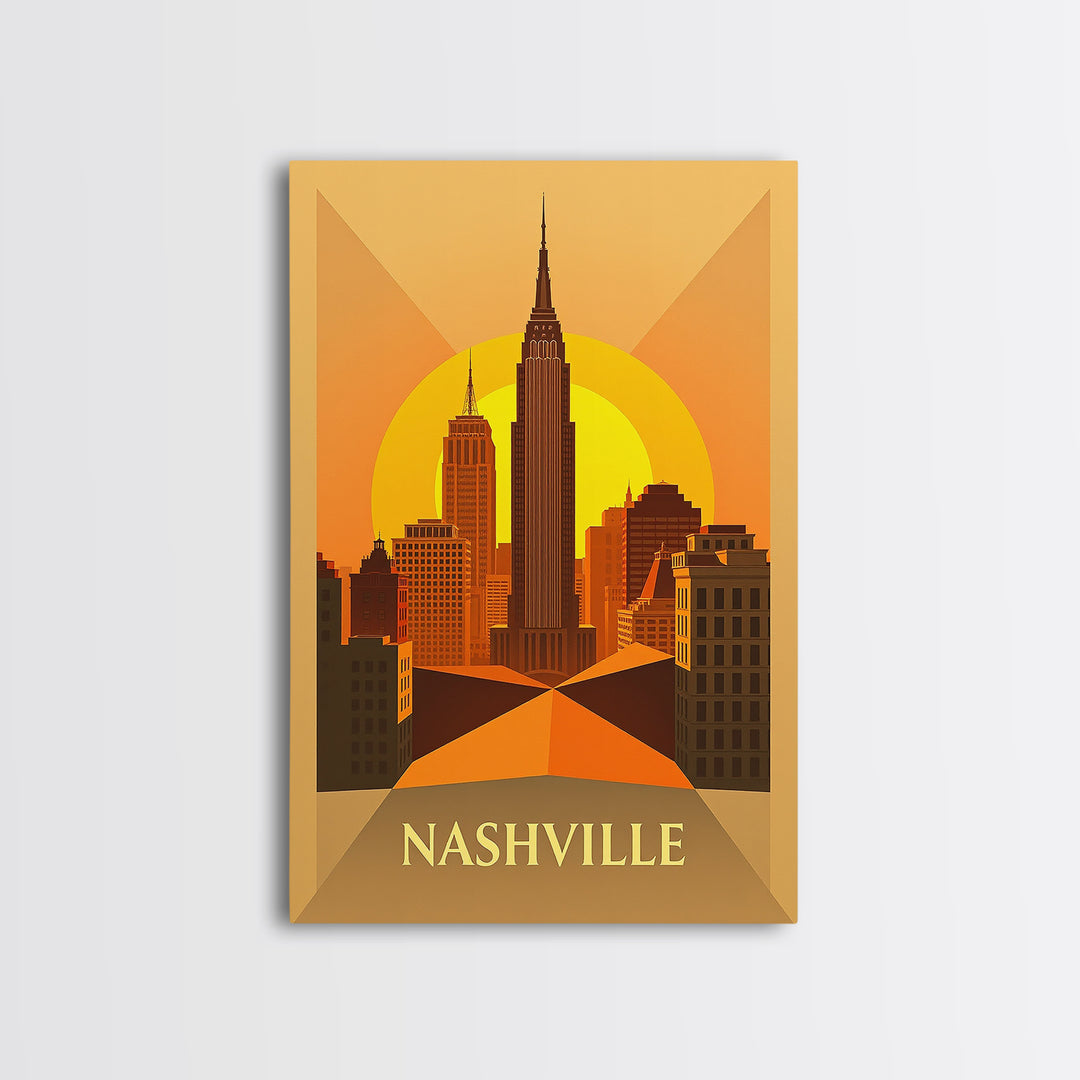 Nashville Tennessee Travel Poster, Framed Canvas Print, Gold Art Deco Poster Art, Nashville City Art, City Art Print, Living Room Wall Art