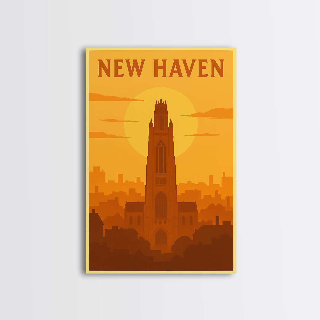 New Haven Connecticut Travel Poster, Framed Canvas Print, Gold Art Deco Poster Art, New Haven City Art, Travel Wall Art, Vintage City Poster