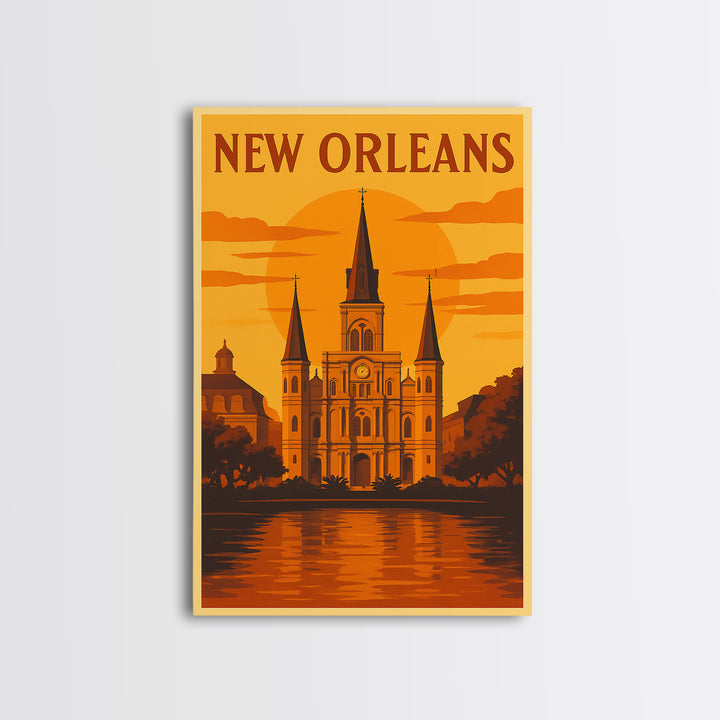 New Orleans Travel Poster, Framed Canvas Print, Golden Travel Poster Art, New Orleans Art Print, Travel Wall Art, City Art Print