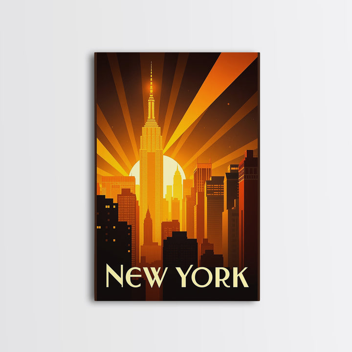 New York Travel Poster, Framed Canvas Print, Golden Travel Poster Art, New York Wall Art, Vintage Travel Art, Vintage City Poster
