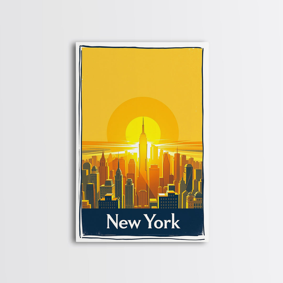 New York Travel Poster, Framed Canvas Print, Golden Travel Poster Art, New York Art Print, City Travel Prints, Watercolor Skyline