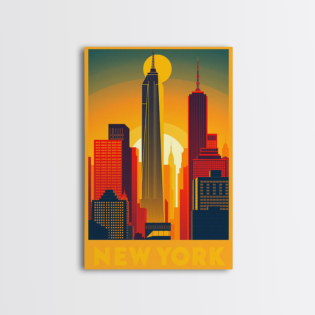 New York Travel Poster, Framed Canvas Print, Golden Travel Poster Art, New York Art Print, Vintage City Art, City Illustration