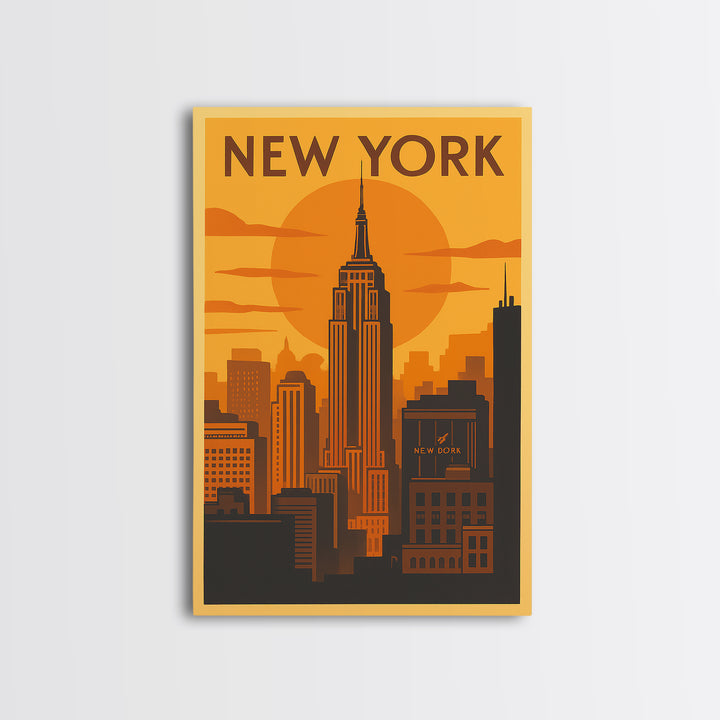 New York Travel Poster, Canvas Print, Warm Sunset Silhouette Art, New York Travel Art, Mid Century Wall Art, Modern Wall Decor