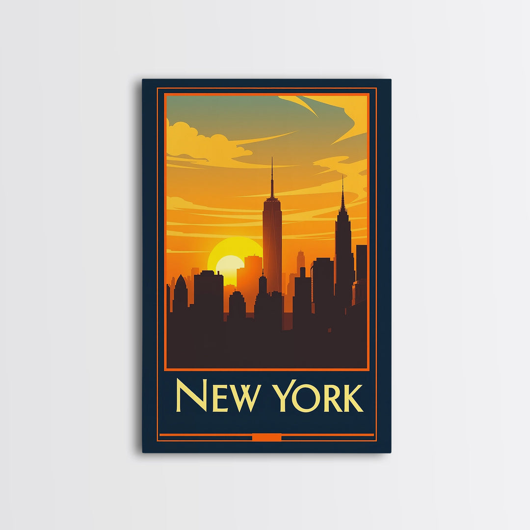 New York Travel Poster, Canvas Print, Warm Sunset Silhouette Art, New York Travel Art, Vintage Travel Art, Mid Century Wall Art