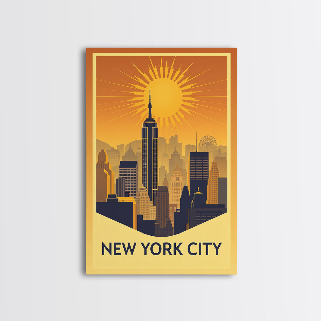 New York Travel Poster, Framed Canvas Print, Warm Sunset Silhouette Art, New York City Art, Travel Poster Set, Mid Century Wall Art
