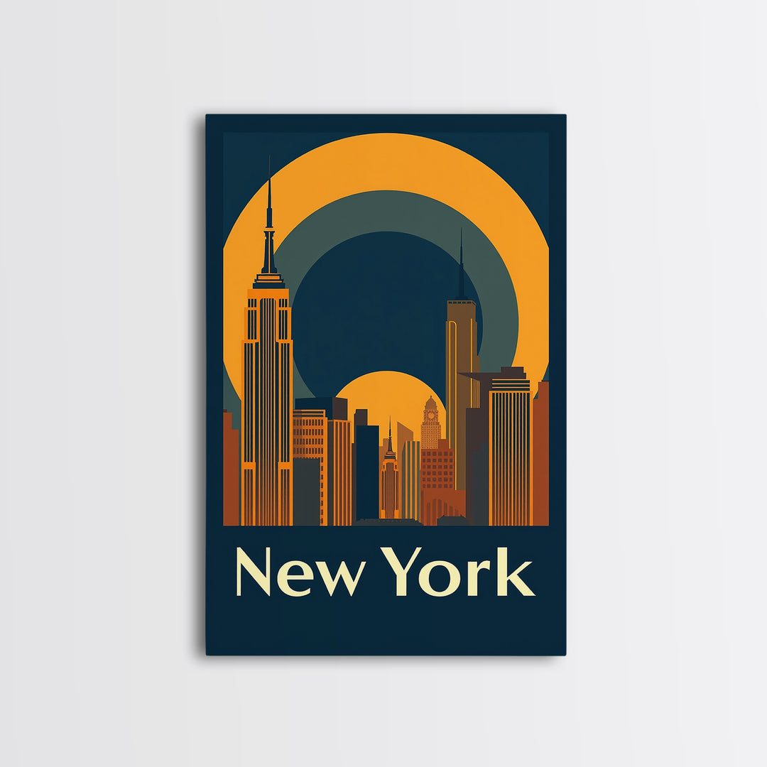 New York Travel Poster, Framed Canvas Print, Warm Sunset Silhouette Art, New York Poster Print, Vintage City Poster, City Travel Prints