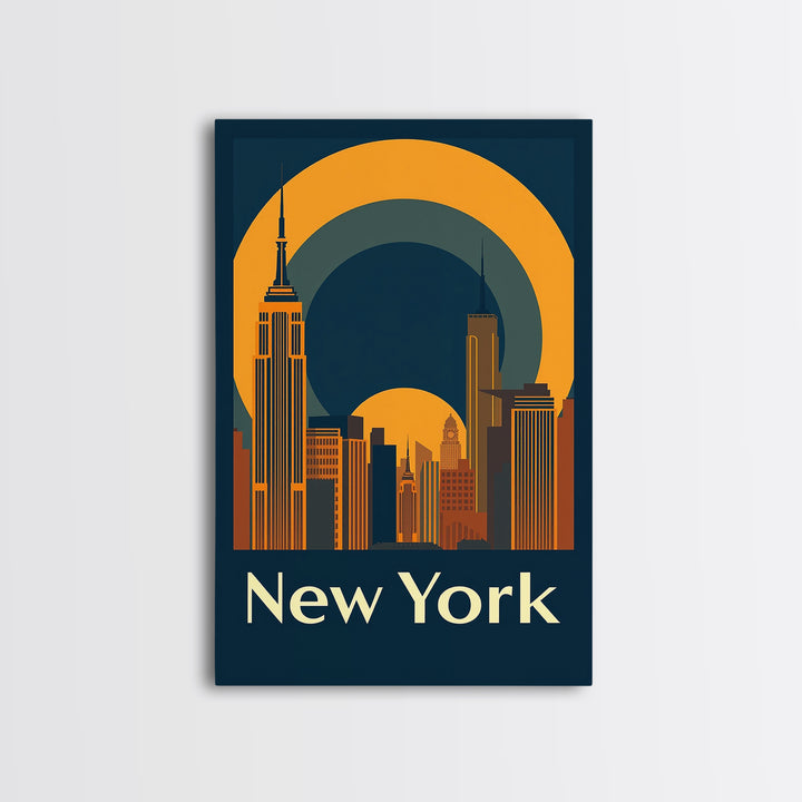 New York Travel Poster, Framed Canvas Print, Warm Sunset Silhouette Art, New York Poster Print, Vintage City Poster, City Travel Prints