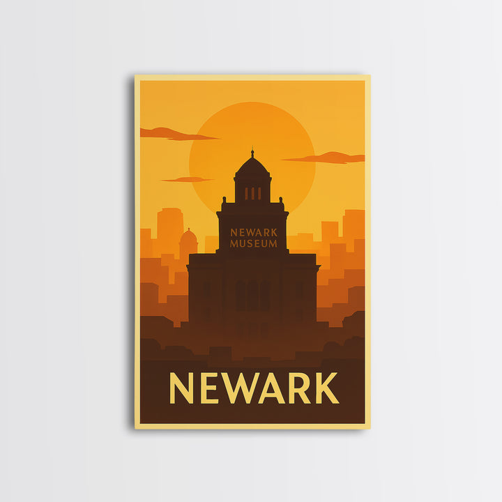 Newark Travel Poster, Framed Canvas Print, Warm Sunset Silhouette Art, Newark City Art, Home Office Decor, Gift For Travelers, Design 2