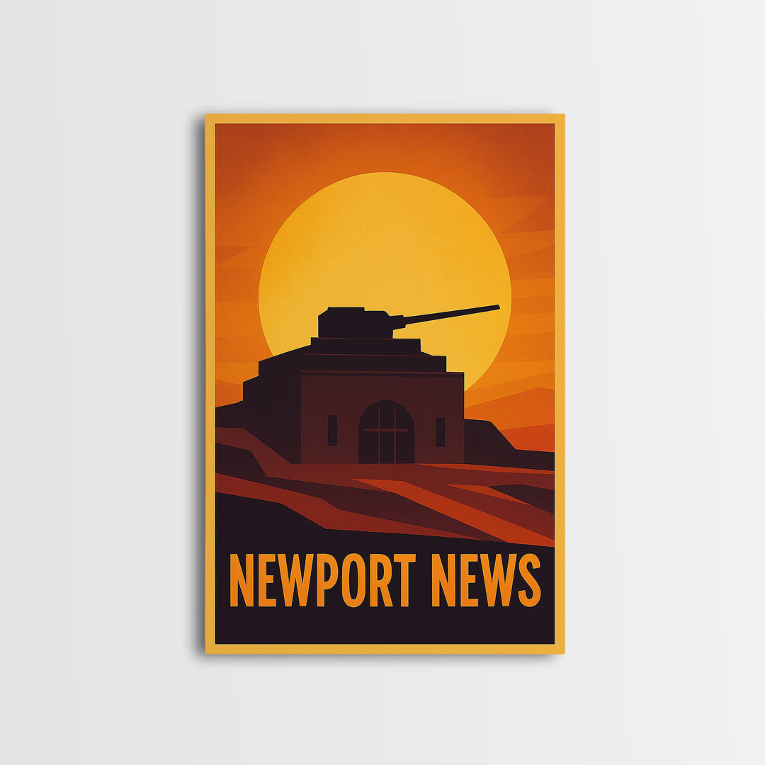 Newport News Travel Poster, Framed Canvas Print, Warm Sunset Silhouette Art, Newport News City Art, Travel Wall Decor, City Illustration